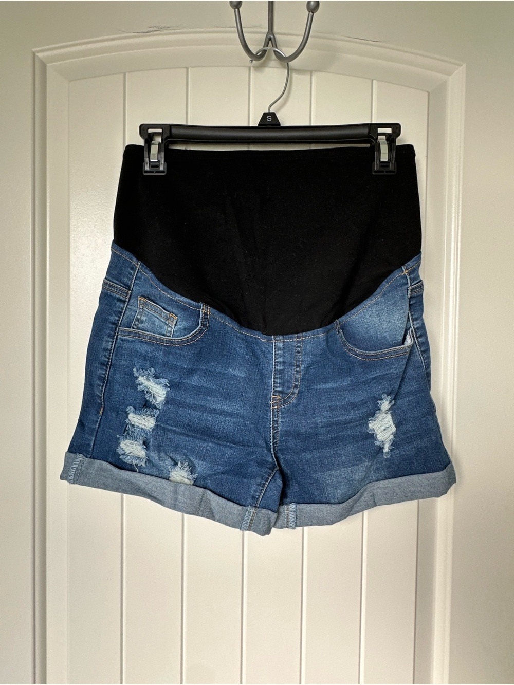 Maternity Distressed Denim Shorts with Black Stretch Waistband